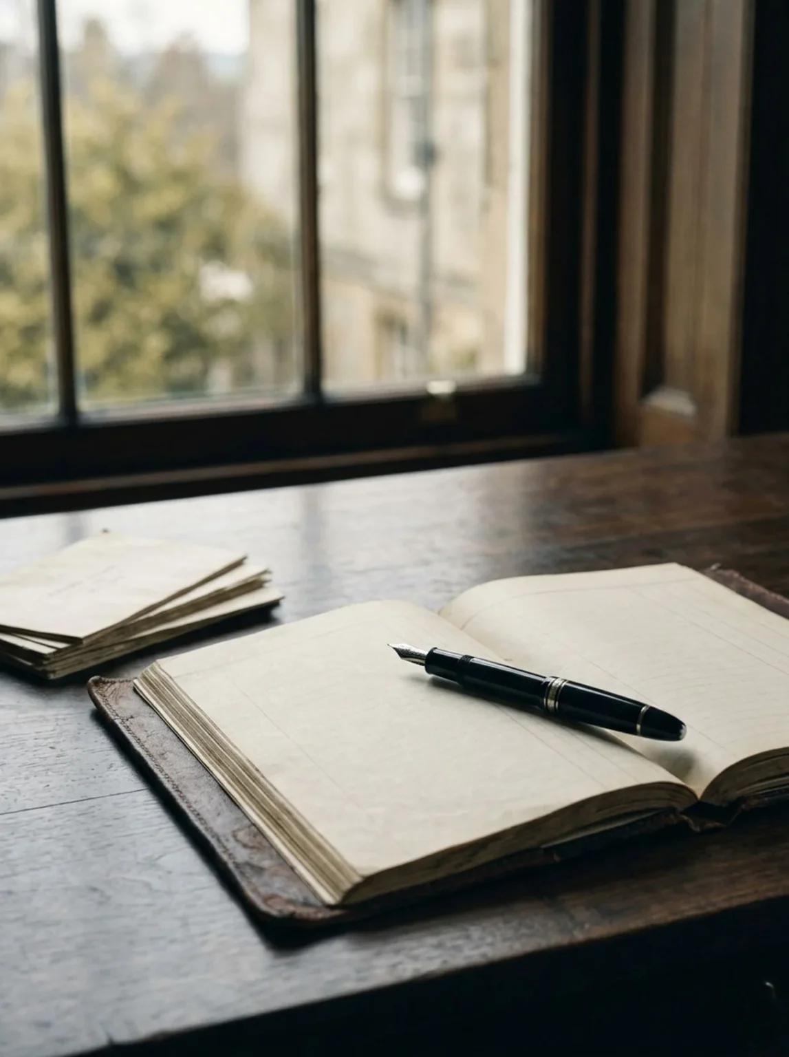 Libro de cuentas de piel abierto y estilográfica sobre un escritorio de nogal junto a una ventana