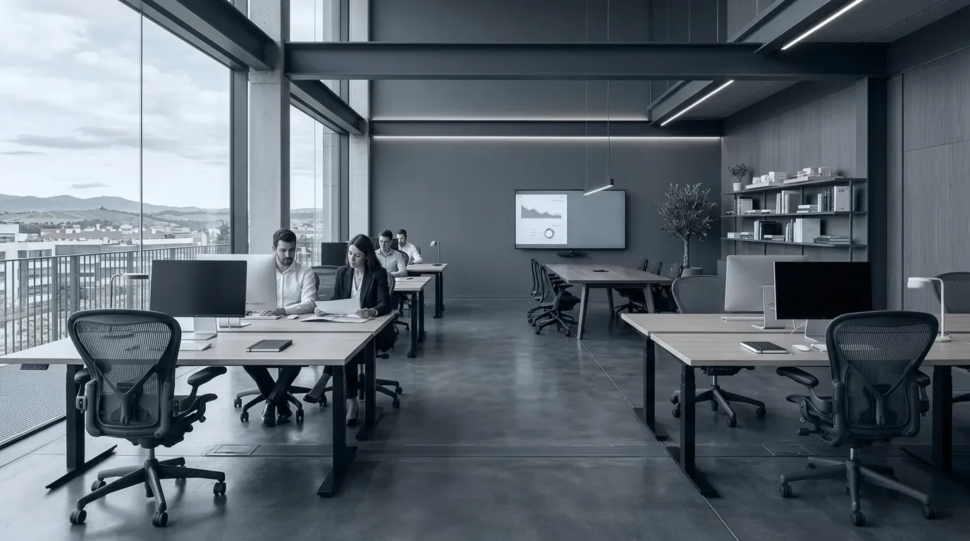 Interior de una oficina sobria con mesas de trabajo y luz natural